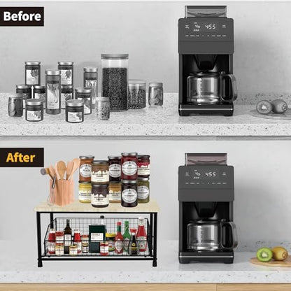 Kitchen Microwave Rack, Small Coffee Stand Shelf with Drawer Storage Basket | Kitchen Counter Storage Microwave Shelf for Coffee Machine, Living Room, Bedroom(Black) - color: Black