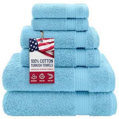 American Veteran Towel, 100% Cotton Turkish 6 Piece Towel Set Luxury Towels Set of 6 for Bathroom Essentials, 2 Bath Towels 2 Hand Towels 2 Washcloths, Sky Blue - color: Sky Blue, size: XL 6PC