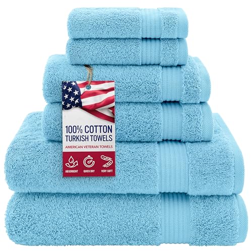 American Veteran Towel, 100% Cotton Turkish 6 Piece Towel Set Luxury Towels Set of 6 for Bathroom Essentials, 2 Bath Towels 2 Hand Towels 2 Washcloths, Sky Blue - color: Sky Blue, size: XL 6PC