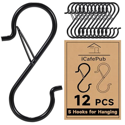 12 PCS S Hooks for Hanging with Safety Buckle, Heavy Duty Metal S Hooks | 3.5 inch S Shaped Hanger Hooks for Hanging Kitchen Utensil, Cups Pots Pan Closet Plants Purse Bags Hats (Black) - color: Black