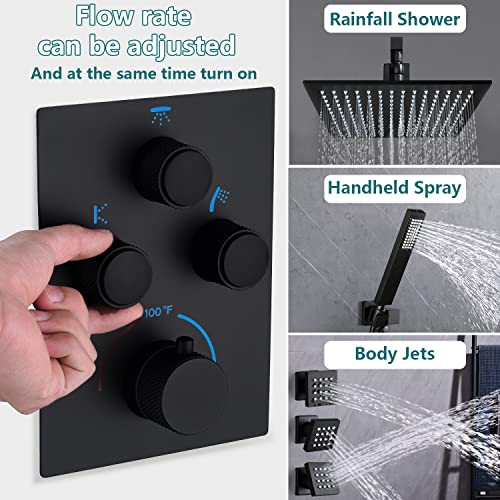 Rain Shower System,12 Inch Wall Mounted Rain Shower Head with Body Jets and Handheld Shower, Push Button Thermostatic Shower Faucet Set, Can Use all Options at a Time, Matte Black - color: Matte Black, style: 12inch+4 body jets