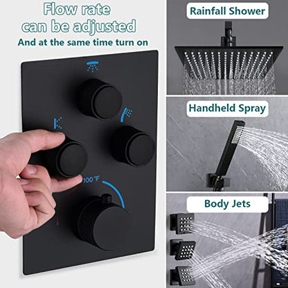 Rain Shower System,12 Inch Wall Mounted Rain Shower Head with Body Jets and Handheld Shower, Push Button Thermostatic Shower Faucet Set, Can Use all Options at a Time, Matte Black - color: Matte Black, style: 12inch+4 body jets