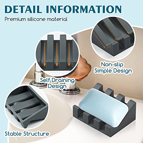Self Draining Silicone Soap Dish Holder Waterfall Tray, 1 Pack Grey | Waterfall design drains fast to keep soap dry, non-slip silicone base anti slide, soap saver for bathroom & kitchen - color: Grey, size: 1