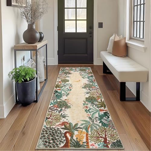 GarveeHome 2.5x8 Jungle Hallway Runner Rug, Soft Beige Animal Long Kitchen Runner Non Slip Entryway Rug Farmhouse Thin Laundry Mat Stain Resistant Carpet for Bathroom Beside - color: Beige, size: 2'6" x 8' (Rectangular)