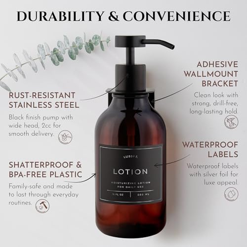 Shower Shampoo Dispenser Wall Mounted – Refillable 16.9 oz Amber Bottle with Stainless Steel Pump & No-Drill Adhesive Holder – Soap Dispenser for Bathroom (1 X Amber/Black) - color: 1 X Amber/Black