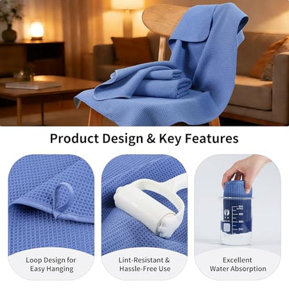 MICROFI Waffle Weave Bath Towel Set, Microfiber, 4 Pieces (Body/Hair/Hand/Face), Quick Dry, Lightweight, Super Absorbent, Lint Free, 380 GSM (Dark Blue) - color: Dark Blue