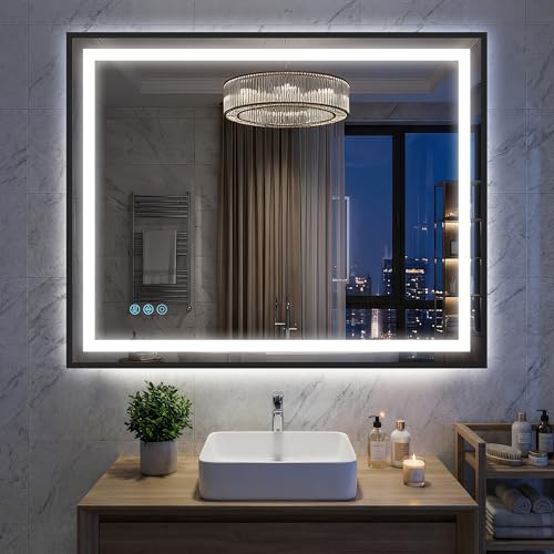 Antok 40X32 LED Bathroom Mirror with Lights, Vanity Mirror for Wall with Black Frame, Touch Control, Anti-Fog, Dimmable Lights, Shatter-Proof, Memory Function, Wall-Mounted Vanity Mirrors - size: 40"L x 32"W