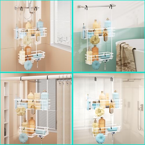 HapiRm Hanging Shower Caddy Organizer - No Drilling Shower Shelves with Hooks and Toothbrush Holder, Rustproof 304 Stainless Steel Bathroom Organizer - White - color: White
