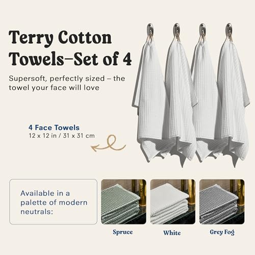 ONSEN Sculpted Terry Face Towels, 100% American Cotton, Quick Dry Lint Free, Lightweight Absorbent Face Towel Set, 12x12 in (White, 4X Face Towel) - color: White, size: 4X Face Towel