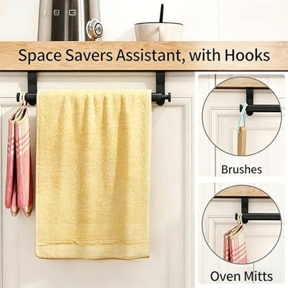 STWWO Over Cabinet Towel Holder with Hooks, 2 Pack Black Bars for Kitchen | Stainless Steel Over The Cabinet Towel Rack Bars, Dish Towel Holder for Kitchen Cabinet Doors - color: Black