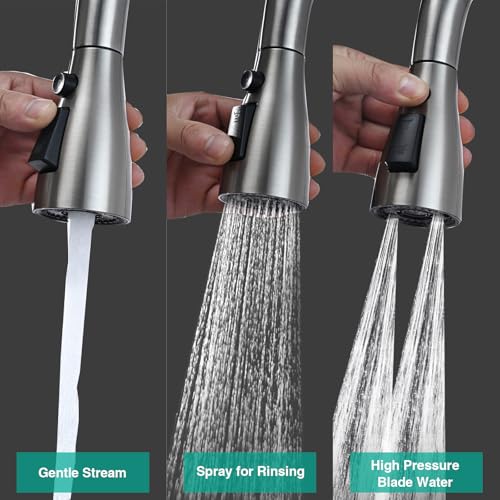 Metal Kitchen Faucet Head Replacement, 3-Function Pull Down Spray Head for Kitchen Faucet, High Pressure Sink Spray Nozzle with 9 Adapters Compatible with American Standard, Brushed Nickel - color: Brushed Nickel