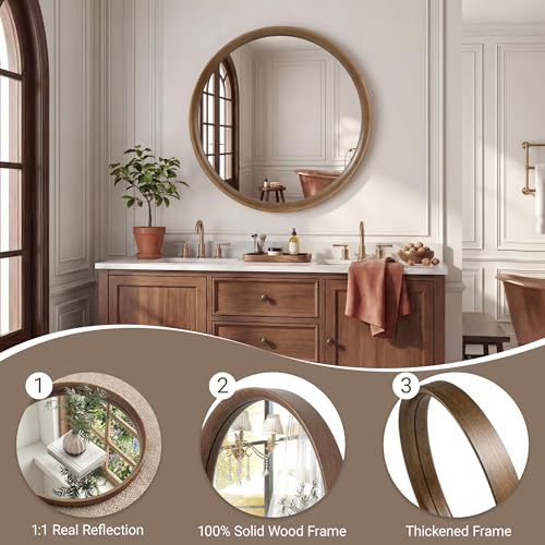 Brakki Round Wall Mirror with Wood Frame, 24" Circle Mirror for Bathroom | HD Shatterproof Glass, Hanging or Leaning, Wall Mounted Decor, for Bedroom Entryway Vanity Living Room, Walnut