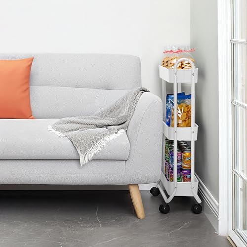 SunnyPoint Slim Rolling Storage Cart, 3 Tier Bathroom Storage Organizer Bathroom, Laundry Utility Cart (White) - color: White