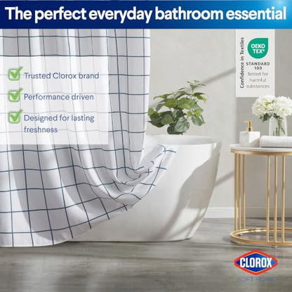 Clorox Bathroom Waffle Windowpane Pattern Shower Curtain with Waterproof Lightweight PEVA Liner Set, Standard Size, Metal Grommets, No Hooks 72" x 72" - 2 Pc Set - Navy Blue w Frosty PEVA - color: Navy Waffle Windowpane - Standard