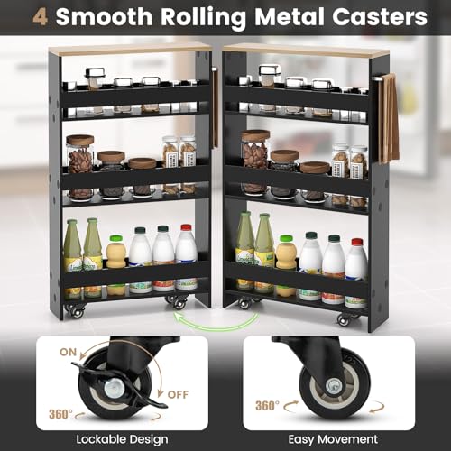 COSTWAY Slim Rolling Storage Cart, 4-Tier Rolling Utility Cart, Wood Kitchen Storage Cart with Handle & Wheels, Narrow Rolling Shelving Unit for Kitchen Bathroom Laundry Small Places (Dark) - color: Dark