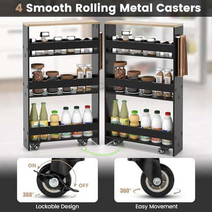 COSTWAY Slim Rolling Storage Cart, 4-Tier Rolling Utility Cart, Wood Kitchen Storage Cart with Handle & Wheels, Narrow Rolling Shelving Unit for Kitchen Bathroom Laundry Small Places (Dark) - color: Dark