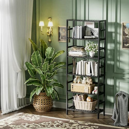 HITNET Bamboo Bookshelf, 6-Tier Tall Open Bookcase with Adjustable Shelves, Floor Standing Storage Shelf Unit for Living Room Bathroom Home Office, Black - color: Black