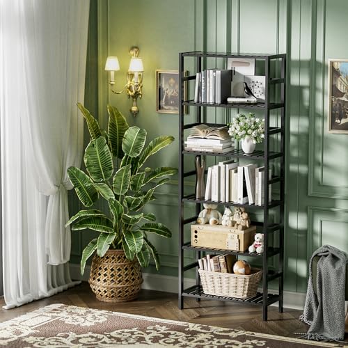 HITNET Bamboo Bookshelf, 6-Tier Tall Open Bookcase with Adjustable Shelves, Floor Standing Storage Shelf Unit for Living Room Bathroom Home Office, Black - color: Black