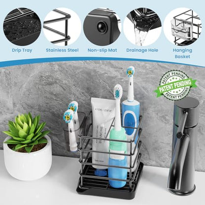 Toothbrush Holders, Bathroom Storage Organizer with Small Box,Black,3 Slots | Easy to Clean,Multifunctional,Kids Electric Toothbrush Organizer,Drainage,Removable,For Bathroom,Vanity,Kitchen Sink,Office - size: with tray