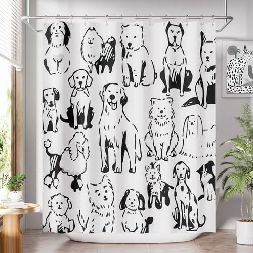 AmazerBath Shower Curtain, Washable Cloth Cute Dogs Kids White and Black Shower Curtain Set with 12 Shower Curtain Hooks, Kawaii Pet Puppy Waterproof Shower Curtains for Bathroom Decor, 72x72 Inches - color: D- Puppy Doodle+12 Metal Hooks, size: 72"W x 72