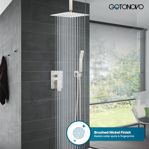 gotonovo Ceiling Shower System with Handheld Brushed Nickel,12 inch Head | Ceiling Mount Bathroom Shower Faucet Set,SUS304 Rainfall Head and Handle Set Combo,Brass Valve Trim Kit,All Metal - color: Nickel, size: 12 inch Head
