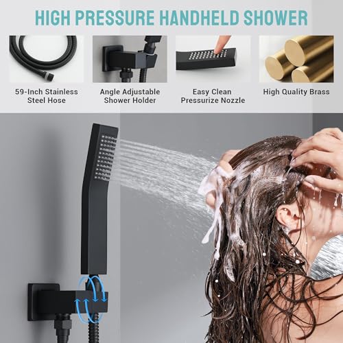 Thermostatic Shower System with 6 Body Jets & 16-Inch Ceiling Rainfall Shower Head Bathroom Luxury Matte Black Shower Faucet Set with High Pressure Handheld Sprayer, with Valve and Trim - color: Matte Black