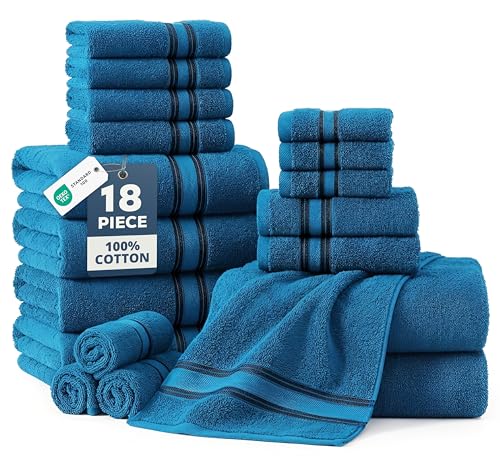 LANE LINEN Towel Set for Bathroom Soft Absorbent Quick Dry - Sea Port | Towel Sets For College Dorm - Everyday Durability, OEKO-TEX Certified, Zero-Twist Durability - color: 10: Sea Port, size: 18 Piece Towel Set