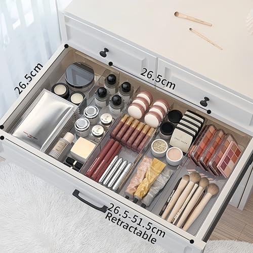 Expandable Drawer Storage Box with 6 Removable Dividers - 2.04" Depth for Light Drawers, Kitchen Utensils, Cosmetics, Office Supplies Organizer (10.43" Length, 20.27" Width) - color: Transparent