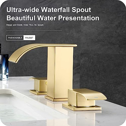 GAGALIFE 8 Inch Waterfall Bathroom Faucets 3 Hole - Brushed Gold Widespread Bathroom Faucet with Pop-up Drain, Two Handles Bathroom Sink Faucet, Modern Vanity Sink faucets with Supply Lines - color: Gold, style: With Drain