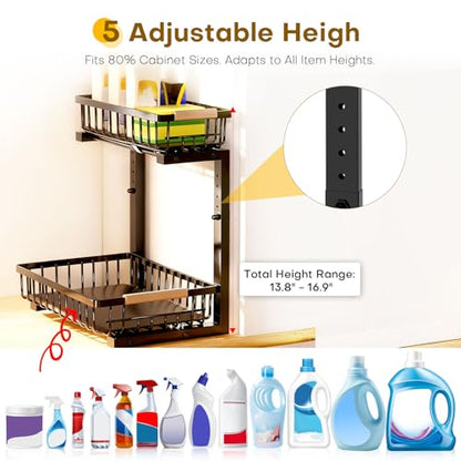 Under Sink Organizer, Heavy-Duty & Rust-Resistant Carbon Steel Metal, 2 Tier Pull Out Under Bathroom Sink Storage, Adjustable Height (13.8" -16.9"), Organizer for Kitchen Cabinet(2PCS,Black)