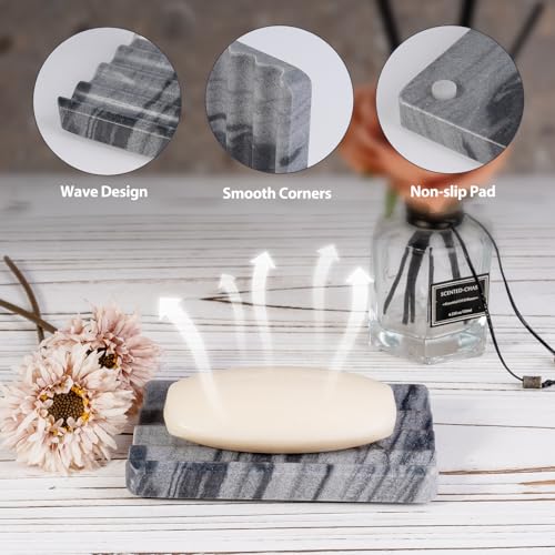 2 Pcs Soap Holder for Bathroom, Marble Soap Dish for Kitchen Countertop, Tray with Creative Wavy Design, Soap Saver for Bath Tub, Sponges, Italian Natural Stone(Monte Grigio) - color: Monte Grigio