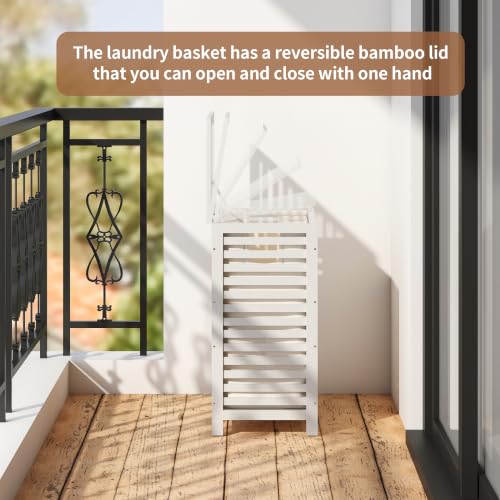 Laundry Hamper with Lid, Bamboo with Handles and Removable Liner Bag, 125L Laundry Basket for Bedroom, Bathroom & Laundry Room (White) - color: White