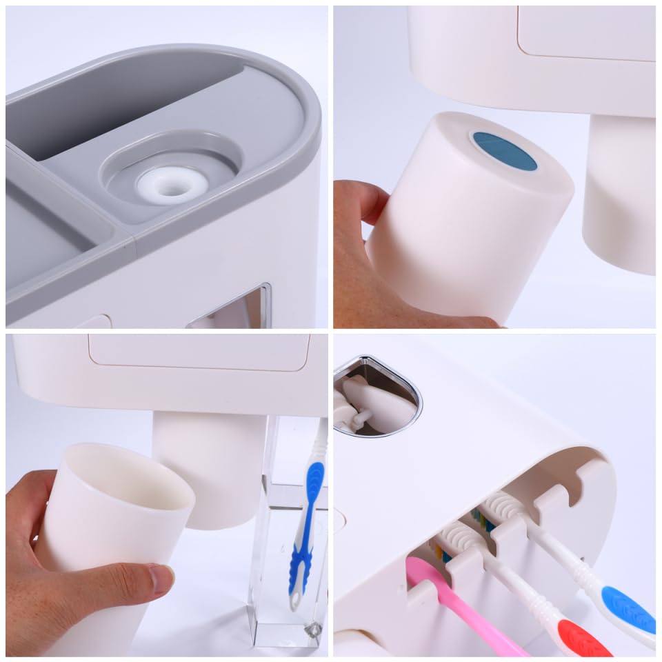 Wall Mounted Toothbrush Holder Set with Toothpaste Dispenser 2 Cups Punch Free Bathroom Toothbrush Organizer Rack Overhang Gargle Rack for Bathroom Storage
