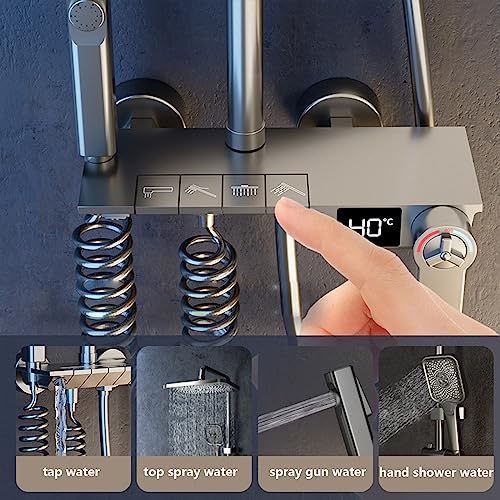 Thermostatic Shower System Gray Digital Display Shower Faucet Set 4 Function Shower Fixture with Rain Shower Head,Hand Shower,Handheld Spray,Wall Mounted Tub Fauce
