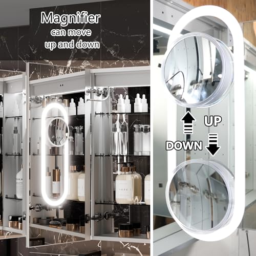 Luxury 66" Wall-Mounted LED Bathroom Medicine Cabinet, Outlets, Anti-Fog | Surface-Mount/Recessed, Double-Sided Mirror Cabinet, 3 Color Temp, DTC Silent-Close Hinges, Adjustable Tempered Glass Shelfs - size: 66"W x 36"H