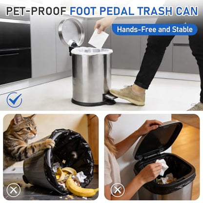 SIMPLYKLEEN Bathroom Trash Can with Lid - 2PC 1.3 Gallon/5L Oval Small Trash Can with Soft-Close Lid, Foot Pedal, Brushed Stainless Steel, Removable Liner, Garbage can for Kitchen, Office, Home Silver - color: Silver, size: 5L Oval 2PC