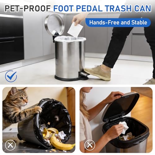 SIMPLYKLEEN Bathroom Trash Can with Lid - 4PC 1.3 Gallon/5L Oval Small Trash Can with Soft-Close Lid, Foot Pedal, Brushed Stainless Steel, Removable Liner, Garbage can for Kitchen, Office, Home Silver - color: Silver, size: 5L Oval 4PC