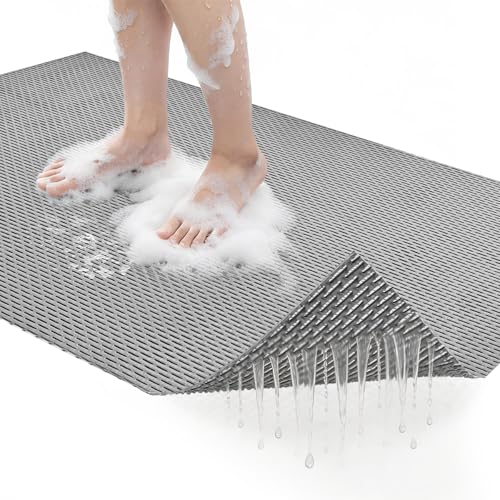 Extra Large Non-Slip Shower Mat, 58.26" x 31.49" Bathroom Shower Mat, Fast-Dry Drainage Hole PVC Bath Tub Mat, Anti Slip Bathroom Safety Accessory for Elderly/Kids, Gray