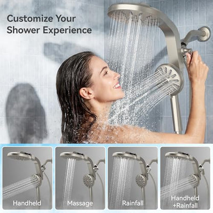 INAVAMZ High Pressure Rain Shower Head Combo with Magnetic Handheld Nickel | Dual Shower System with Rainfall Showerhead and 8-Spray Handheld, Magnetic Dock, Adjustable Angle, Power Jet for Cleaning - color: Nickel