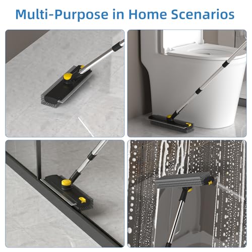 Floor Scrub Brush with Long Handle, 3 in 1 Scrape and Heavy-Duty Stiff Bristle Floor Scrubber Brush Broom with Squeegee and Tweezer for Cleaning Black - color: Black