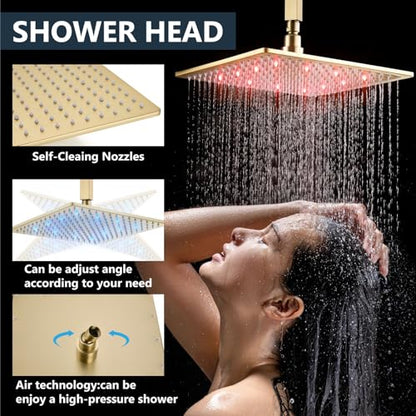 Aolemi Ceiling Shower Faucet Set with Handheld 10" LED Head Brushed Gold | Handheld Spray,10 Inch Rain LED Head,Shower Valve and Trim Kit,All Metal,Ceiling System,Bathroom Mixer - color: Gold, size: 10 Inch LED Shower Head