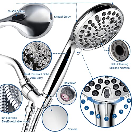 Shower Head with Handheld,High Pressure 10 Spray Modes Showerhead,Chrome | 4.7”Detachable Showerhead Set with 5ft Hose, Adjustable Bracket and Built-in Power Wash to Clean Tub, Tile & Pets - Chrome - color: Polished Chrome