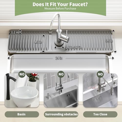 24 Inch Longer Silicone Faucet Mat, 7°Slope Fast Self-draining | Faucet Mat for Kitchen Sink, Silicone Sink Splash Guard, Fast Drying Tidy Faucet Mat Splash Guard - color: (Black, 24x5.6 Inches)