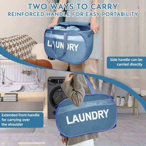 Collapsible Laundry Basket 2 pack, Foldable Pop Up Blue Laundry Baskets Mesh with Lid & Handle, Pop Up Collapsible Laundrys Hamper, Fabric Laundrys Baskets for Dorm, Travel, Bathroom - color: Blue