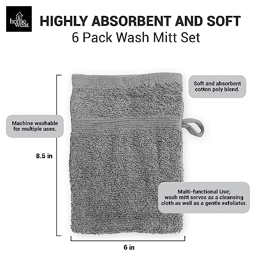 High Rise Stripe 6 Pack 6 x 8.5 Wash Mitt Set, Low Twist, Highly Absorbent, Gentle Hand and Face Cloth, European Style with Loop, Grey - color: Grey