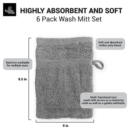 High Rise Stripe 6 Pack 6 x 8.5 Wash Mitt Set, Low Twist, Highly Absorbent, Gentle Hand and Face Cloth, European Style with Loop, Grey - color: Grey
