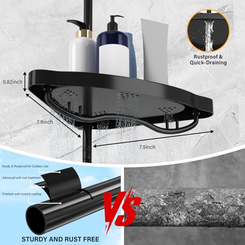 Black Corner Shower Caddy Tension Pole - Heavy Duty Rustproof Stainless Steel Shower Organizer with 4 Adjustable Shelves, No-Drill Free Standing for Bathroom, Bathtub, RV,54" to 114" Tall