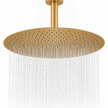 Gold Rain Shower Head, 16 Inch High Pressure Shower Head, 304 Stainless Steel Ceiling Mount Extra Large Waterfall Top Showerhead, Brushed Brass Gold - color: Brushed Brass Gold, size: 16-Inches, style: Round