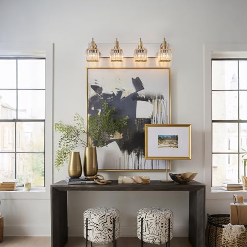 Crystal Bathroom Light Gold Chrome 4-Light Modern Bathroom Vanity Fixtures Over Mirror Square Crystal Wall Sconce - color: Gold Chrome-Square Shade, size: 4-Light