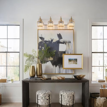 Crystal Bathroom Light Gold Chrome 4-Light Modern Bathroom Vanity Fixtures Over Mirror Square Crystal Wall Sconce - color: Gold Chrome-Square Shade, size: 4-Light